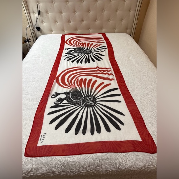 Enchanted Owl Modal Scarf Designed by Inuk artist Kenojuak Ashevak Red Black